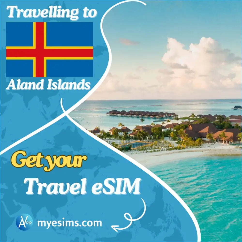 Travel eSIM ad showcasing a tropical resort in the Åland Islands with overwater bungalows