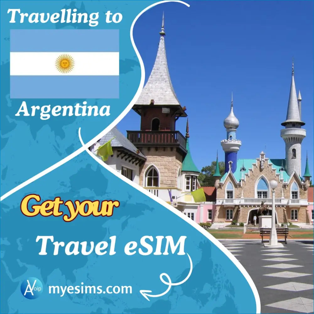 Promotional ad for Argentina eSIM with castle towers and spires for travel connectivity