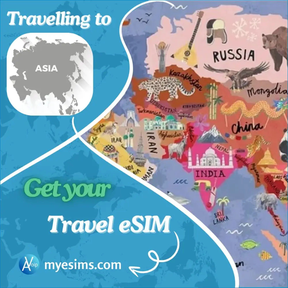 Asia travel advertisement showcasing Central Asia eSIM for data and roaming connectivity