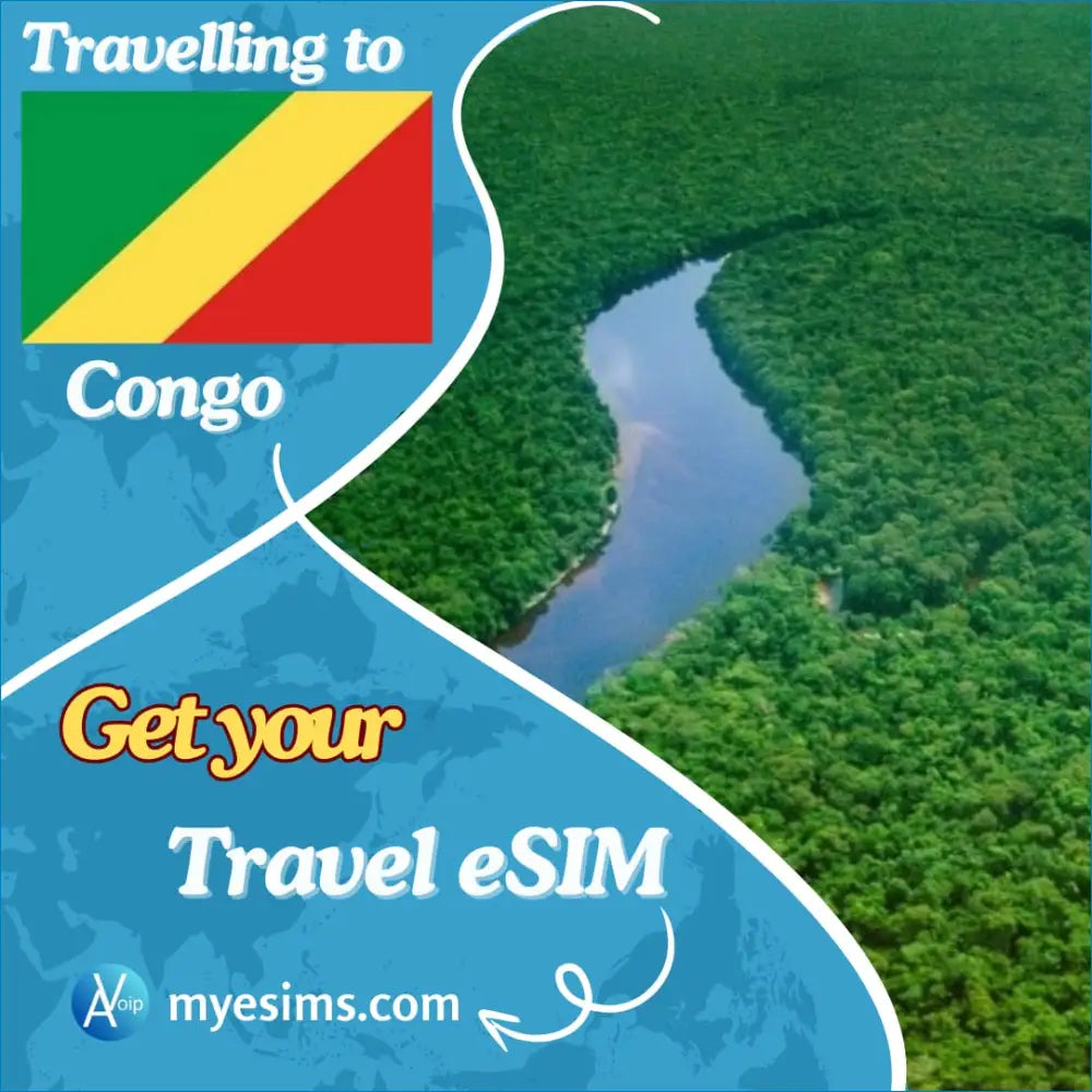 Travel eSIM ad for Congo with the flag and a river view showcasing seamless connectivity