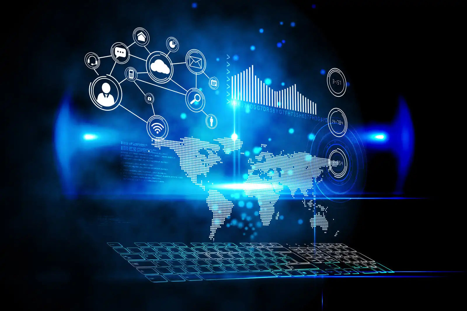 Digital world map with interconnected network icons and data visualization elements floating above a keyboard.