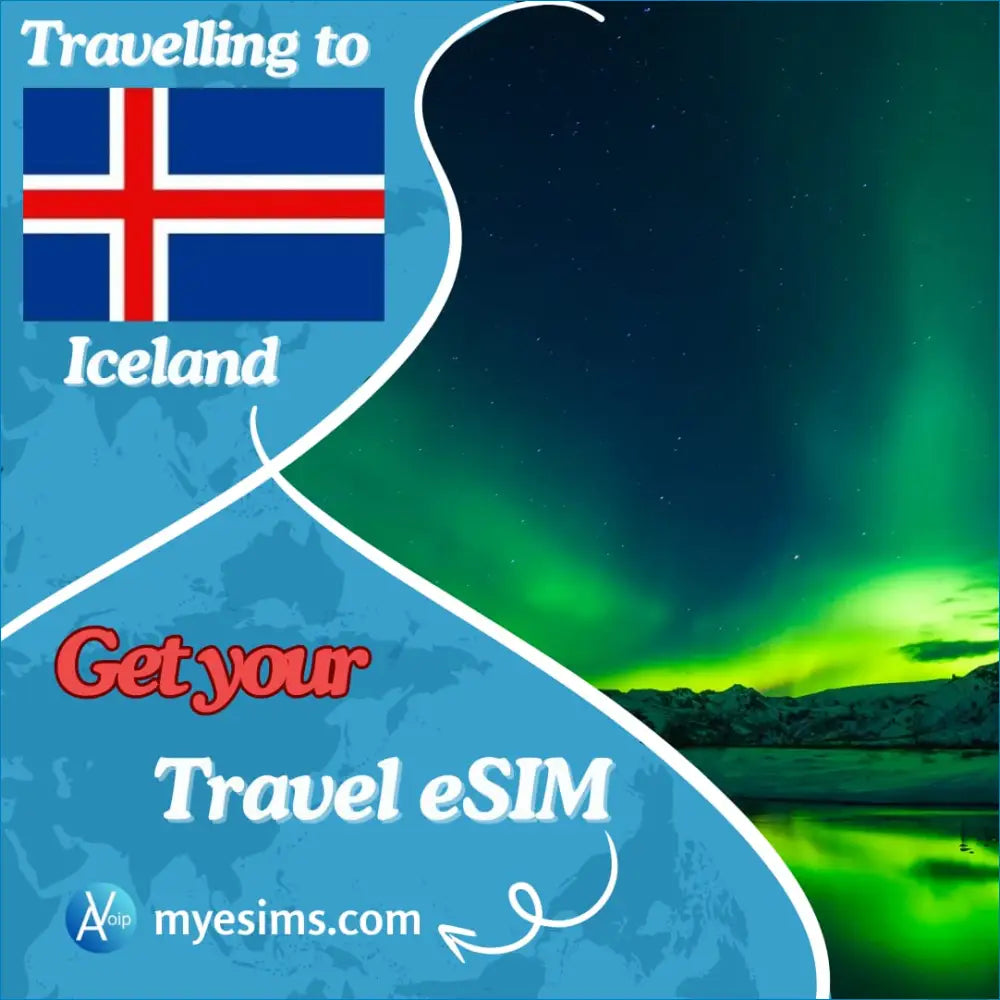 Iceland eSIM ad showcasing the flag and northern lights for travel data roaming