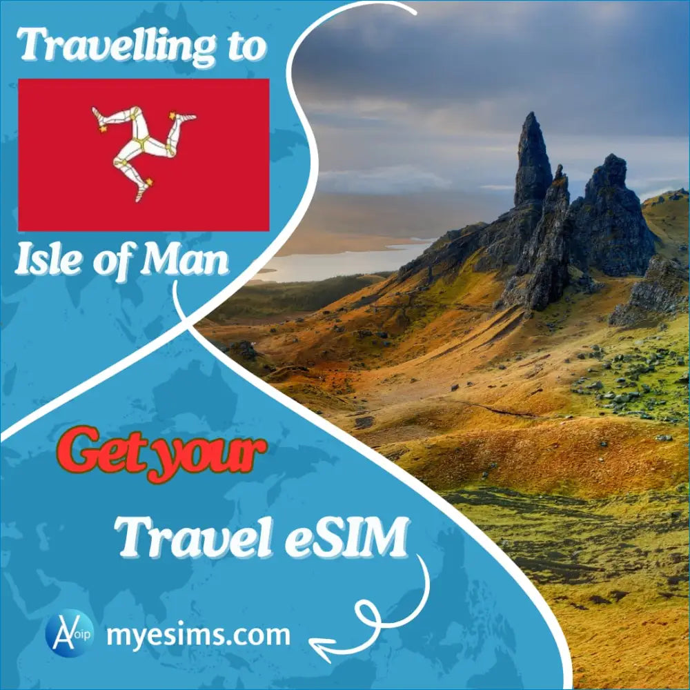 Travel eSIM ad for the Isle of Man with Old Man of Storr and 4G roaming options
