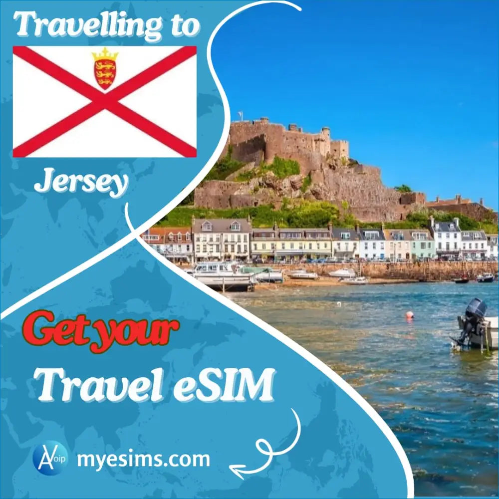 Jersey eSIM travel data ad featuring Mont Orgueil Castle and scenic waterfront views
