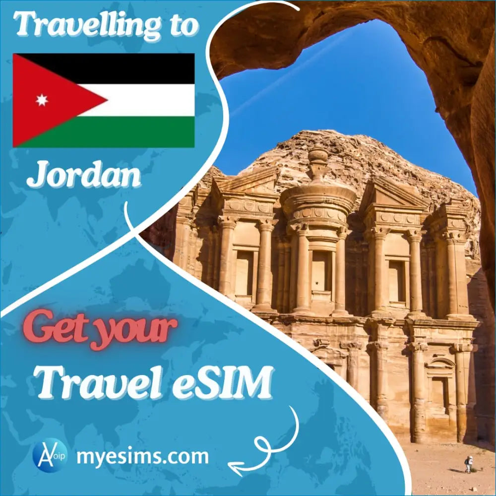 Travel advertisement showcasing Petra with Jordan Travel eSIM for seamless connectivity