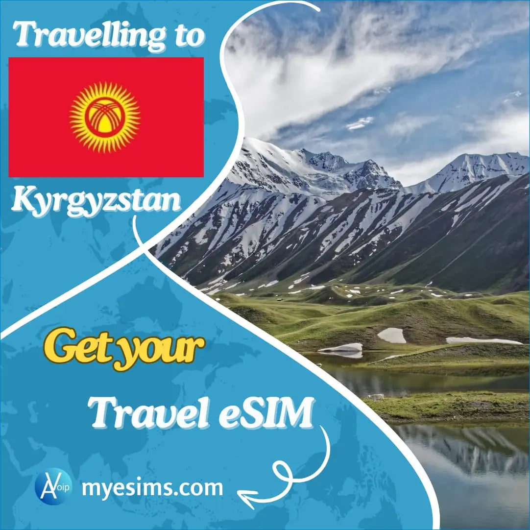 Kyrgyzstan eSIM travel data ad with national flag and stunning mountain views