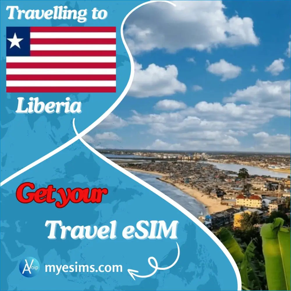 Travel ad for Liberia Roaming eSIM with flag and coastal city backdrop