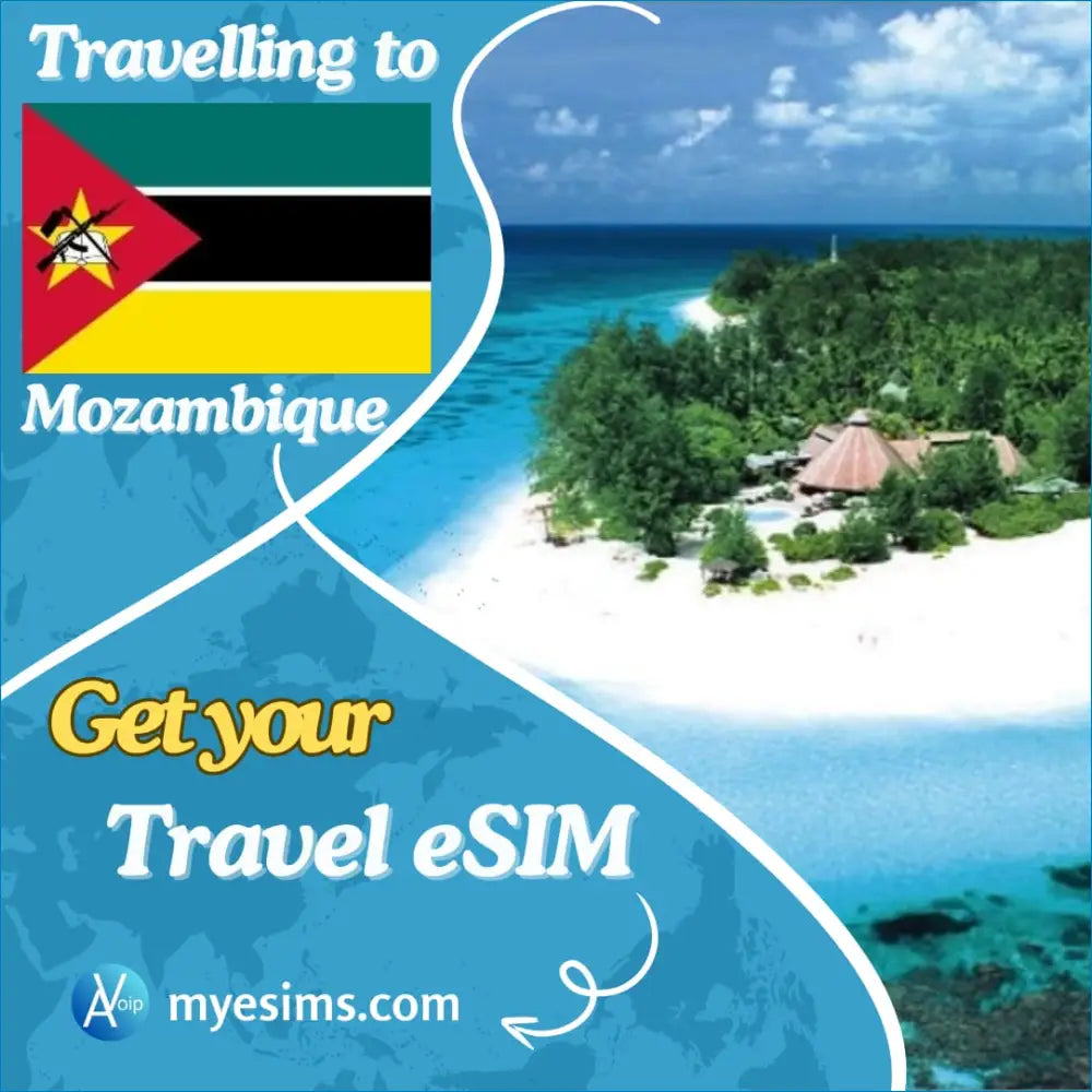 Travel advertisement for Mozambique eSIM services with beach and national flag