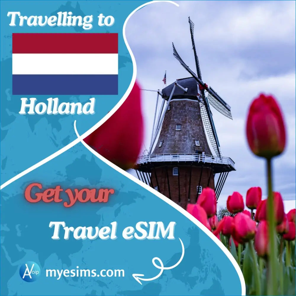 Travel ad for Netherlands featuring tulips and a windmill, promoting Netherlands eSIM