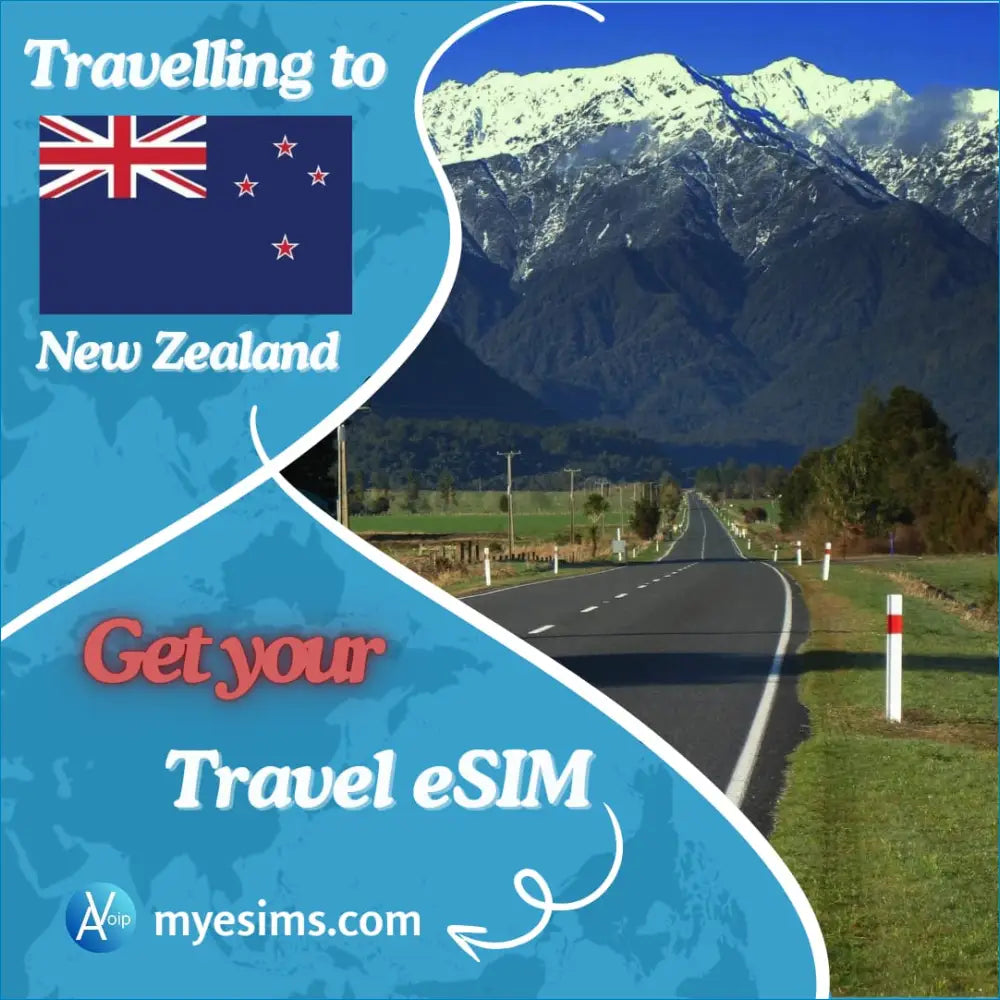 Advertisement for New Zealand Travel eSIM, featuring scenic mountains and the country’s flag