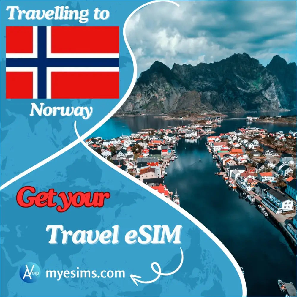 Travel advertisement for Norway eSIM, perfect for exploring Norway and enjoying travel data