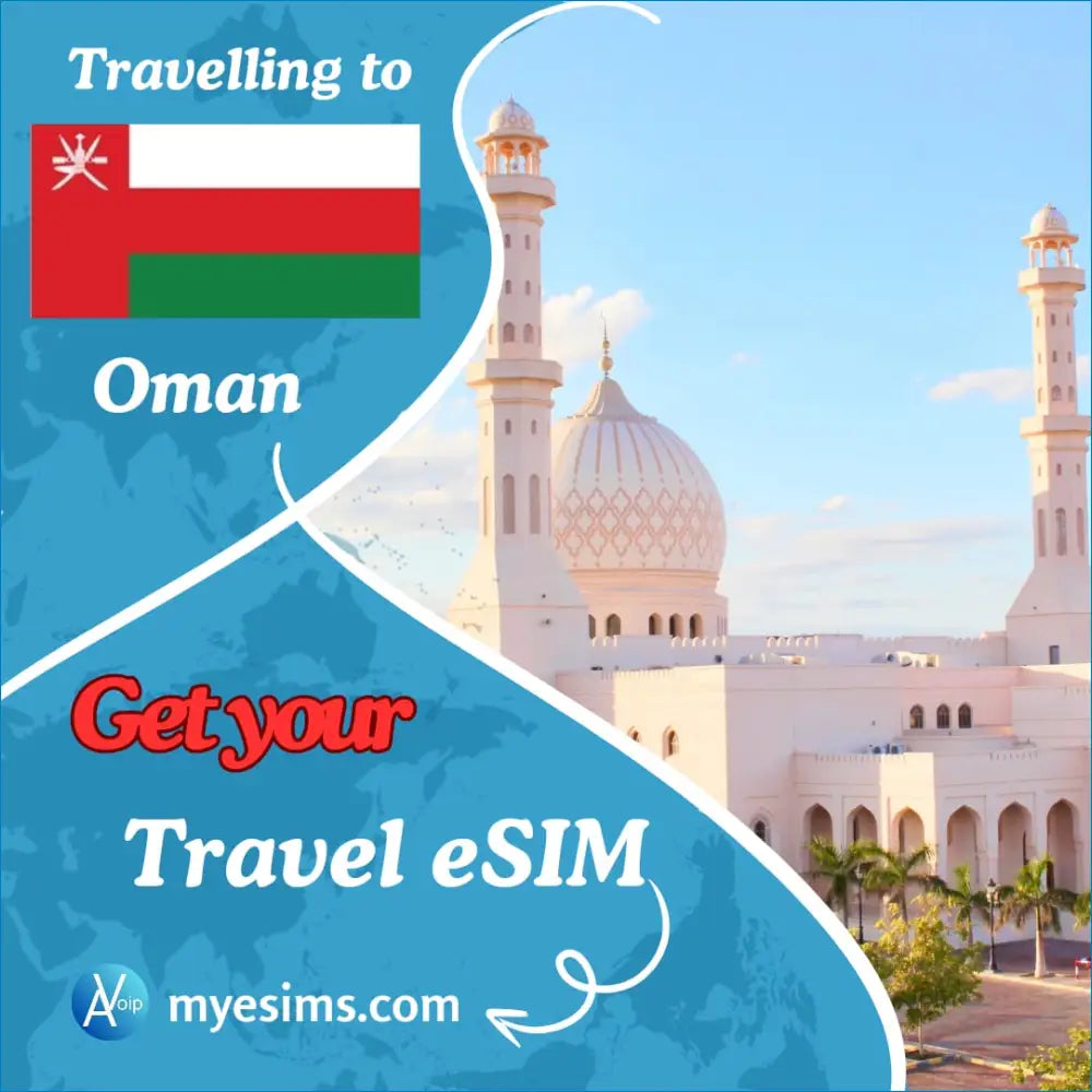 Travel ad for Oman showcasing grand mosque, promoting Oman eSIM for seamless connectivity