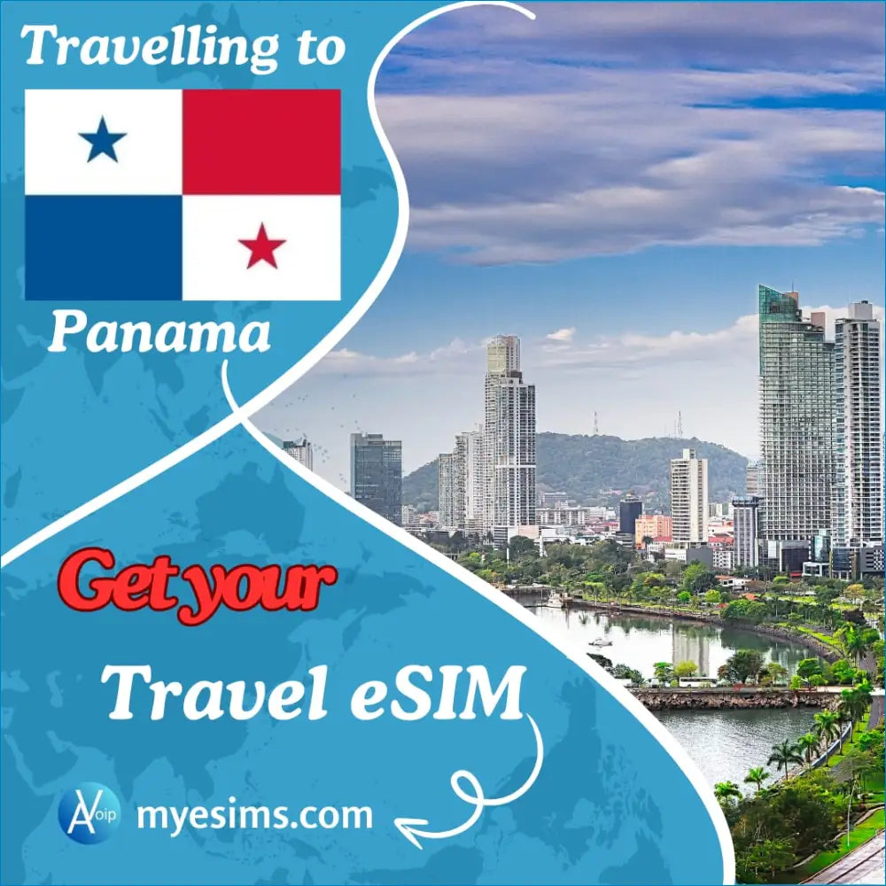 Travel eSIM ad for Panama with flag and skyline promoting Panama Travel eSIM Connectivity