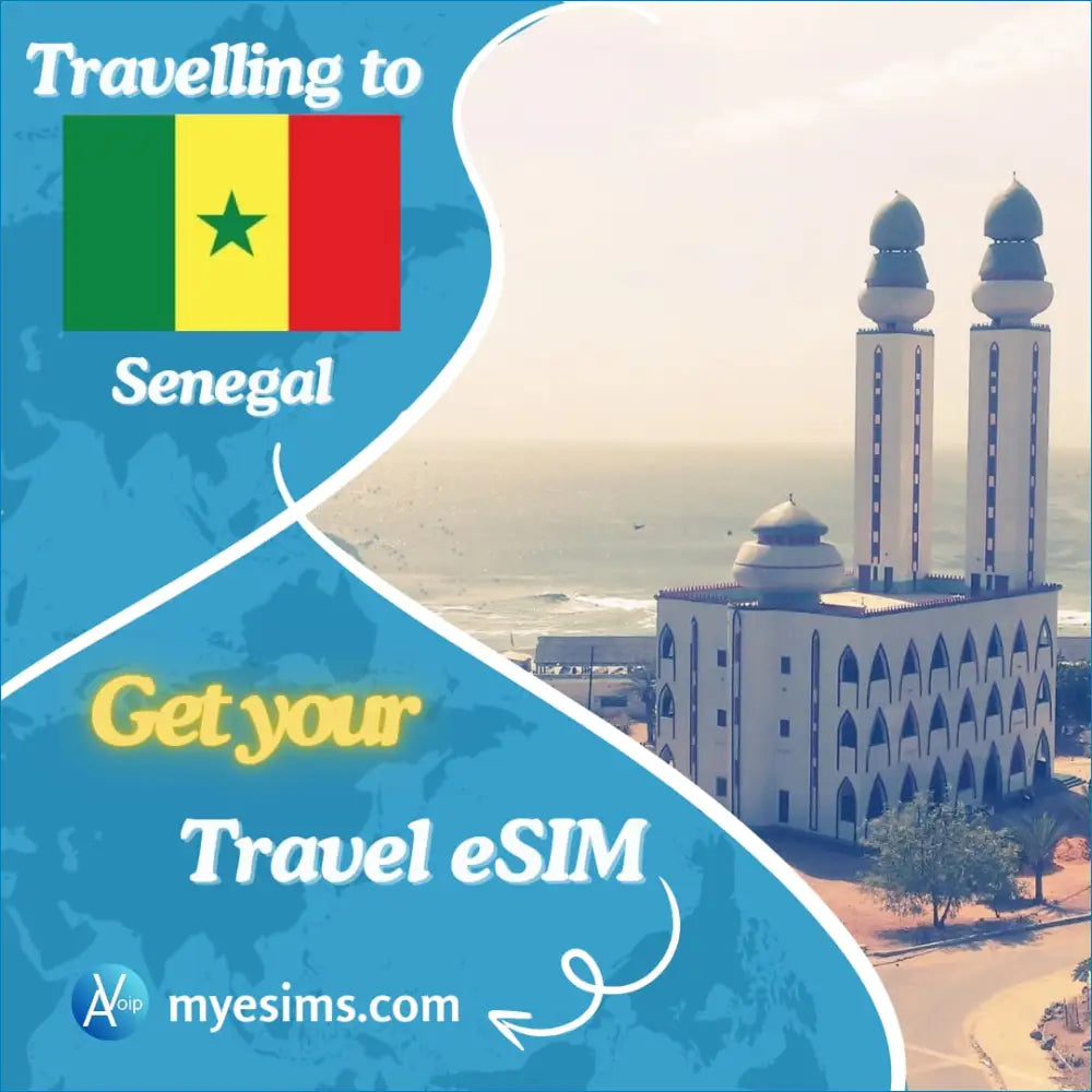 Senegal travel ad showcasing the flag and mosque for Senegal Travel eSIM connectivity