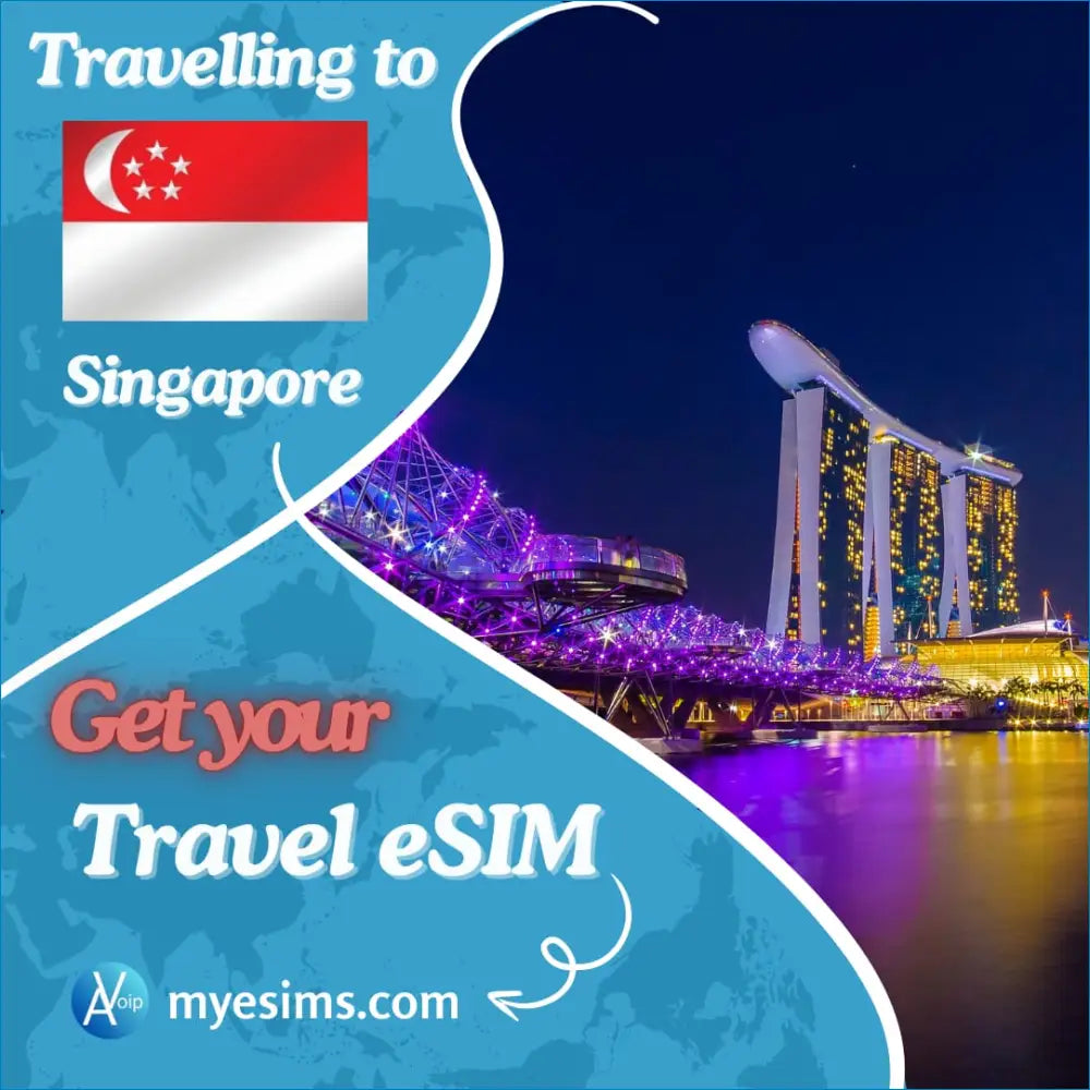 Singapore travel eSIM ad with the flag and Marina Bay Sands nighttime skyline
