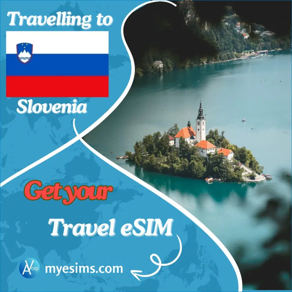 Slovenia Travel eSIM ad with stunning Lake Bled and its iconic island church