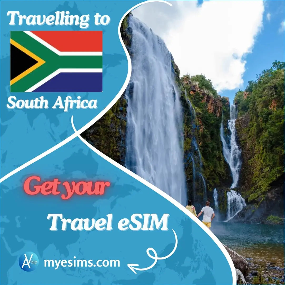 Travel advertisement for South Africa showcasing a stunning waterfall and eSIM services