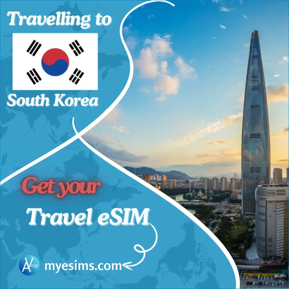 Travel eSIM advertisement for South Korea featuring the flag and cityscape skyline