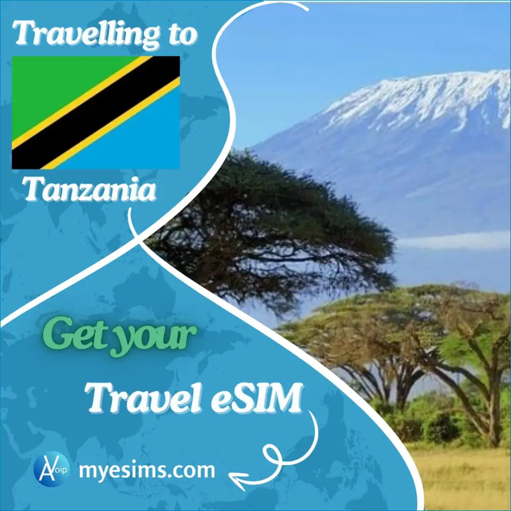Travel eSIM for exploring Tanzania, featuring Mount Kilimanjaro and an acacia tree