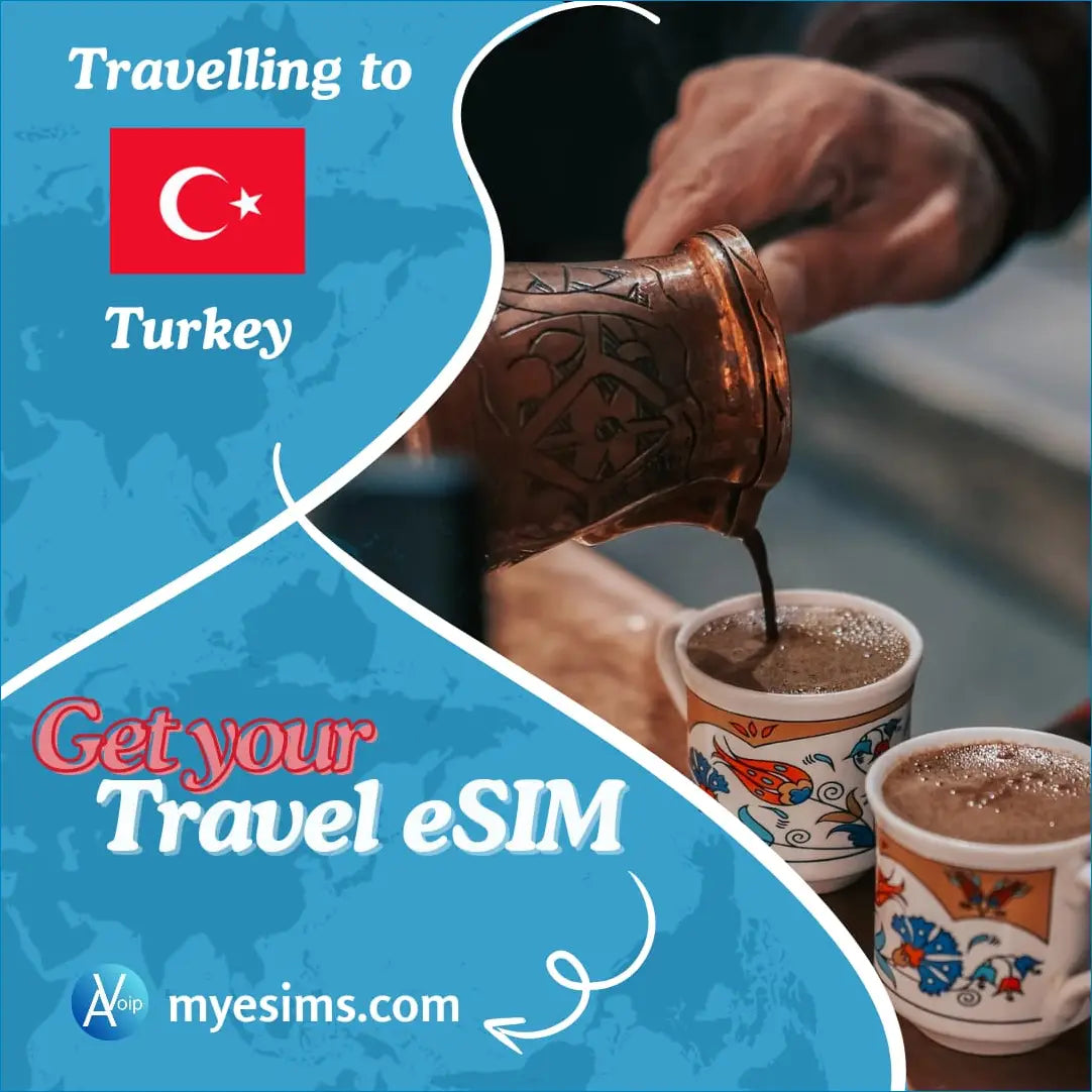 Advertisement for Turkey eSIM service with Turkish coffee showing travel data connectivity
