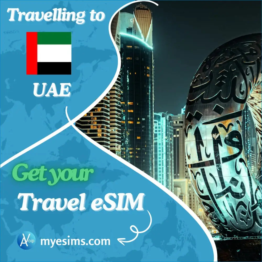 Advertisement for UAE eSIM service showcasing Dubai skyline and Arabic calligraphy