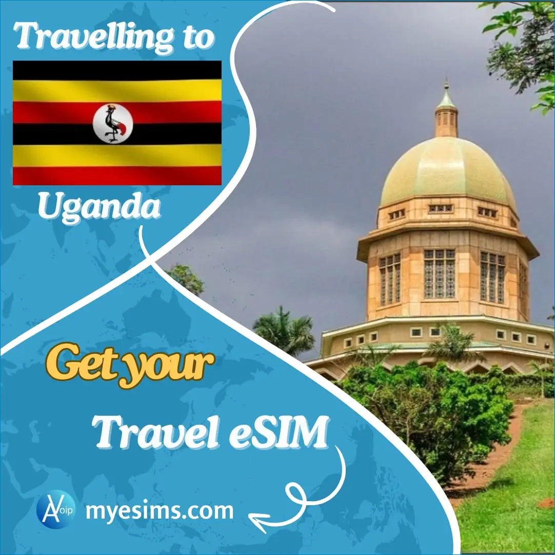 Promotional Uganda eSIM ad featuring the Bahai Temple dome for seamless travel internet
