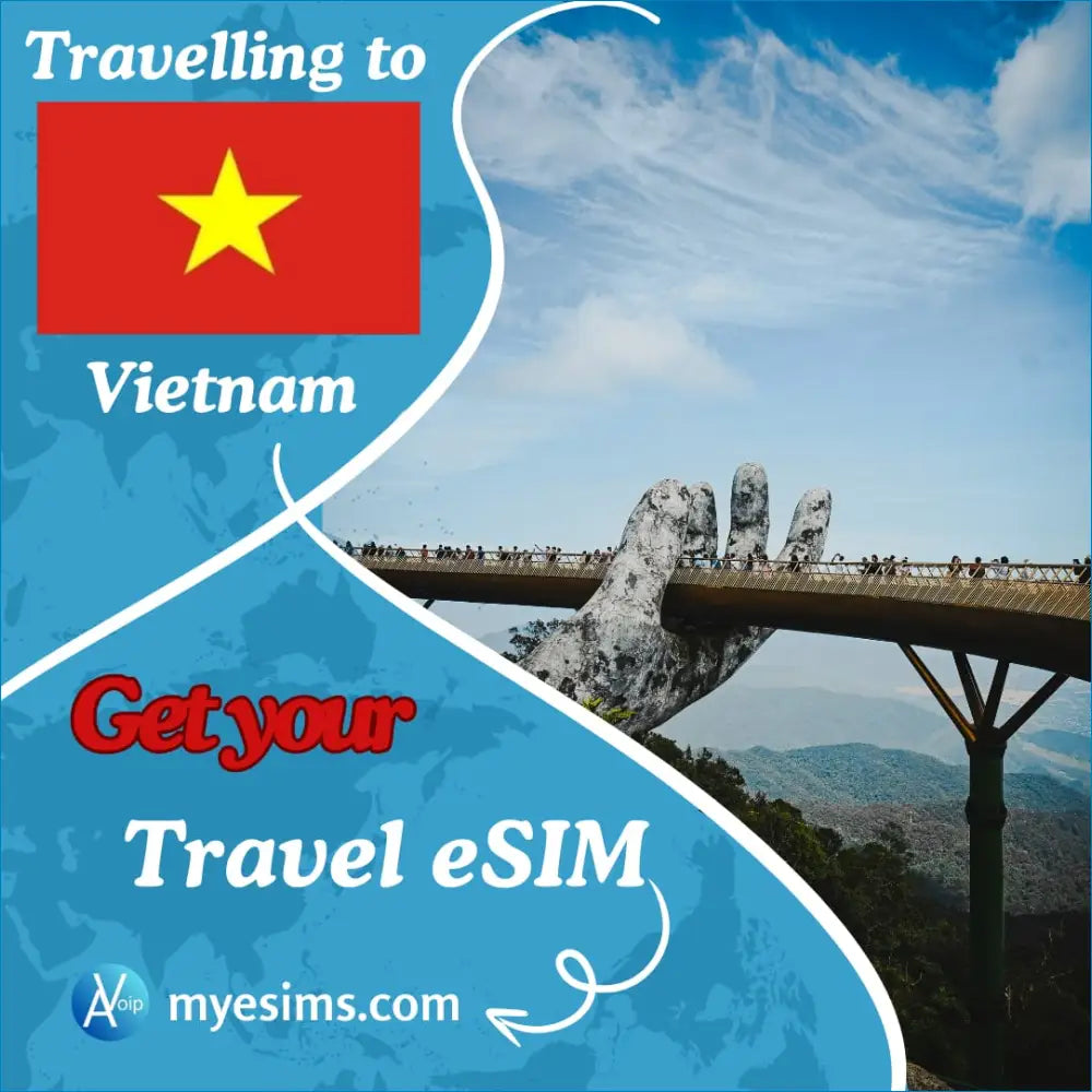 Vietnam Travel eSIM ad with Golden Bridge in Da Nang for seamless 4G connectivity