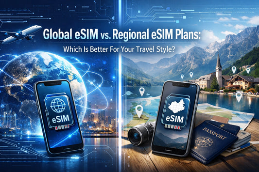 Black smartphone shows global eSIM interface with globe icon on circuit background