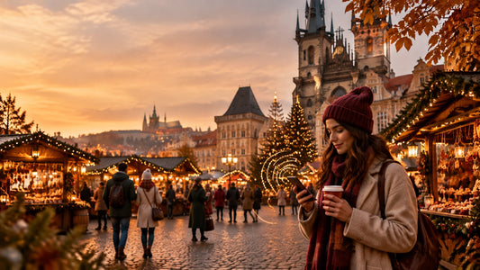 Warmly lit European Christmas market at dusk, with travelers, historic architecture and subtle mobile connectivity cues