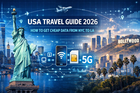 Statue of Liberty with smartphone Wi-Fi and 5G icons in NYC to LA cityscapes