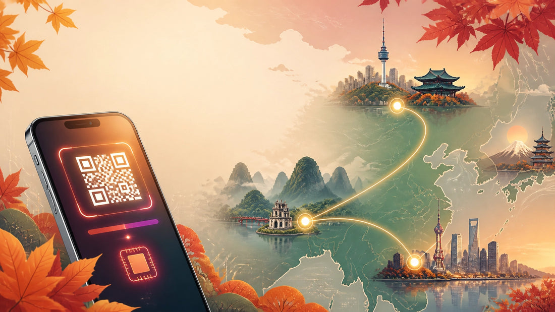 A smartphone with a glowing eSIM QR activation interface connecting an autumn travel route between Seoul, Hanoi and Shanghai