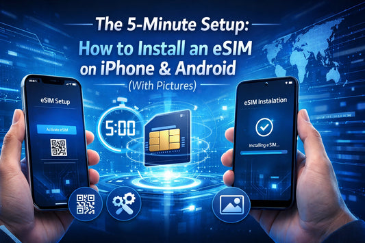 Blue eSIM card graphic with gold contacts and glowing circuitry for iPhone and Android setup