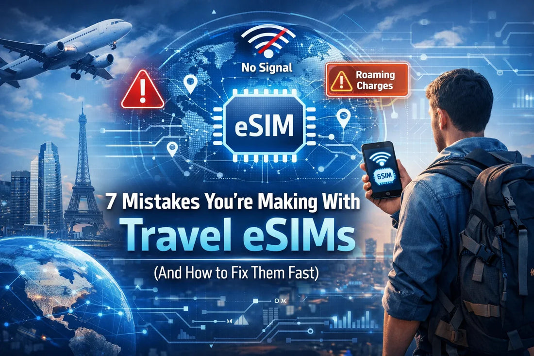 Futuristic eSIM chip with glowing blue circuitry and hexagonal design