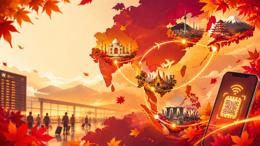 Warm autumn technology illustration showing Asia travel routes, eSIM connectivity and holiday destinations
