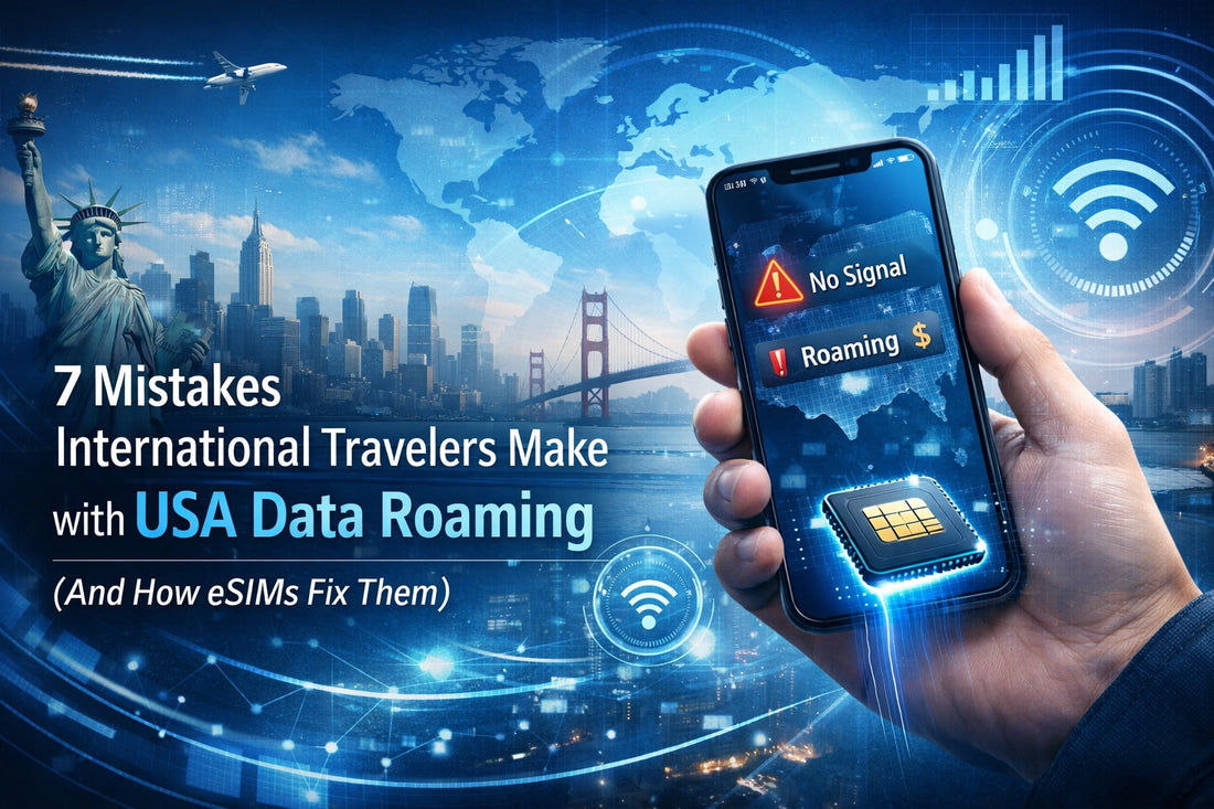 Black smartphone shows no signal and roaming $ alerts with glowing eSIM chip
