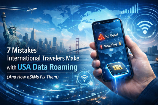 Black smartphone shows no signal and roaming $ alerts with glowing eSIM chip