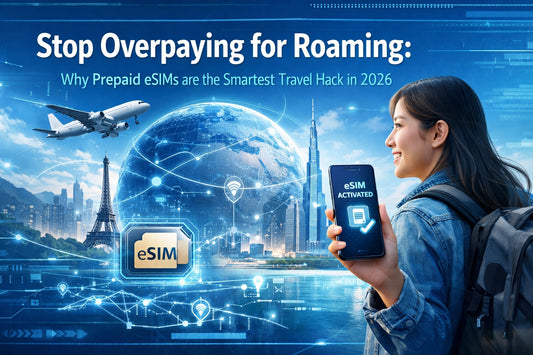 Black smartphone showing eSIM activation screen with checkmark for prepaid travel hacks.