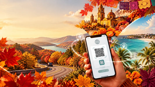 Warm autumn travel collage featuring New England foliage, Mexico marigolds, Caribbean coastline and a smartphone with an eSIM