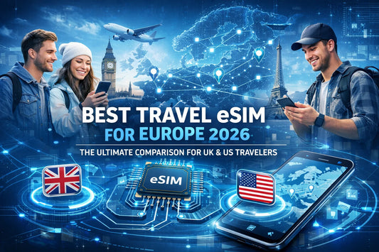 Blue eSIM chip on digital circuit board for Europe travel 2026