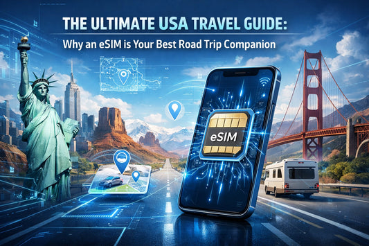 Sleek black smartphone showing glowing eSIM chip with blue circuitry for USA road trips