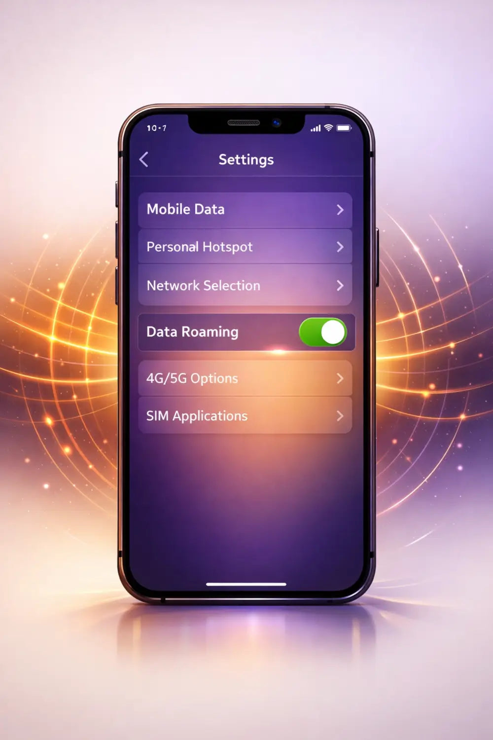 Black iPhone settings screen with mobile data, hotspot on purple gradient for Saudi eSIMs