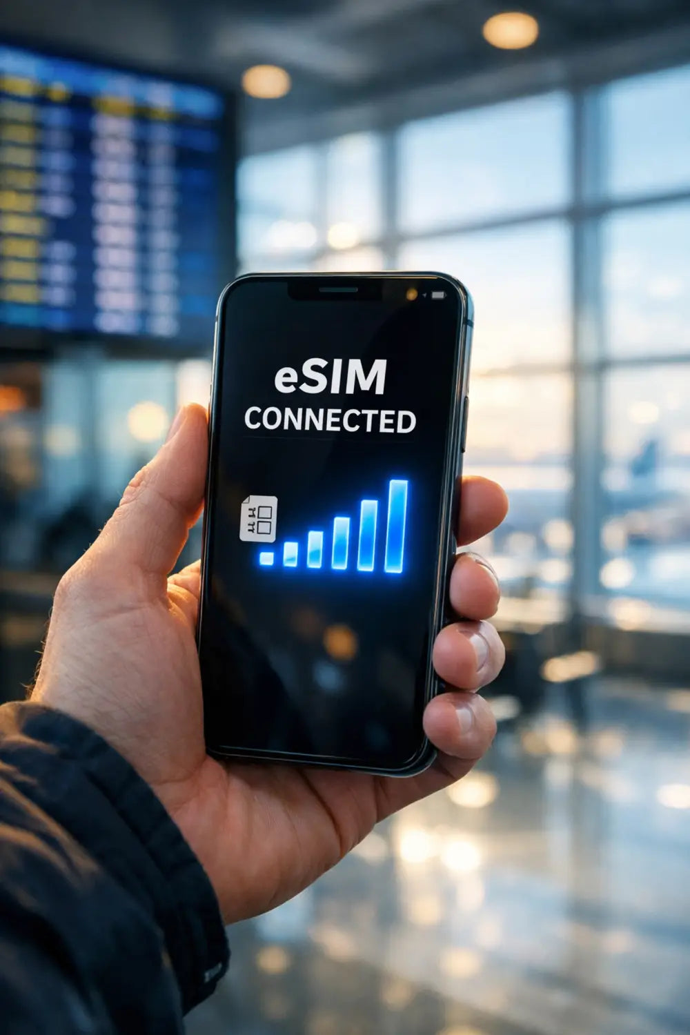 Black smartphone screen showing esim connected with blue signal graphic