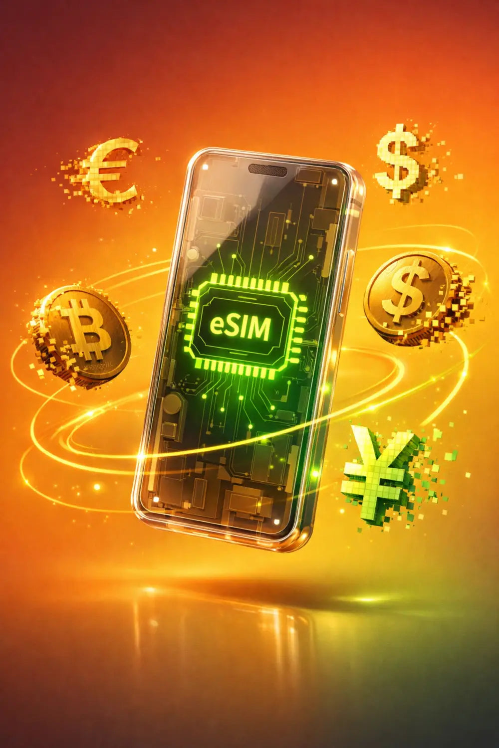 Sleek transparent smartphone with glowing green eSIM chip for prepaid travel hack
