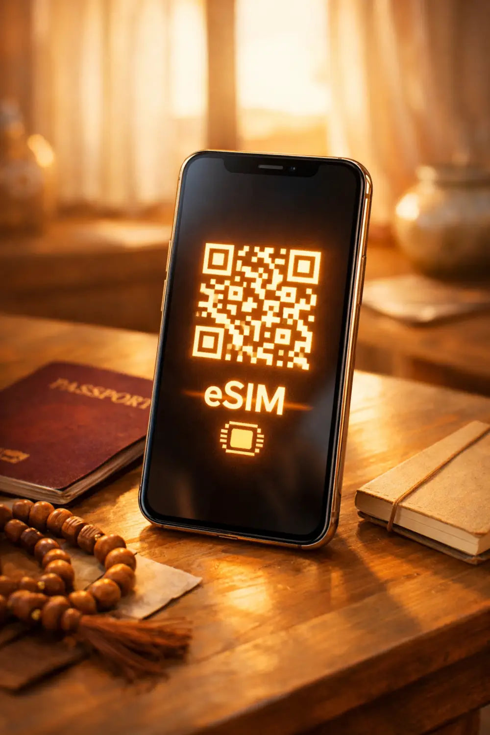 Sleek black smartphone showing orange Saudi eSIM QR code