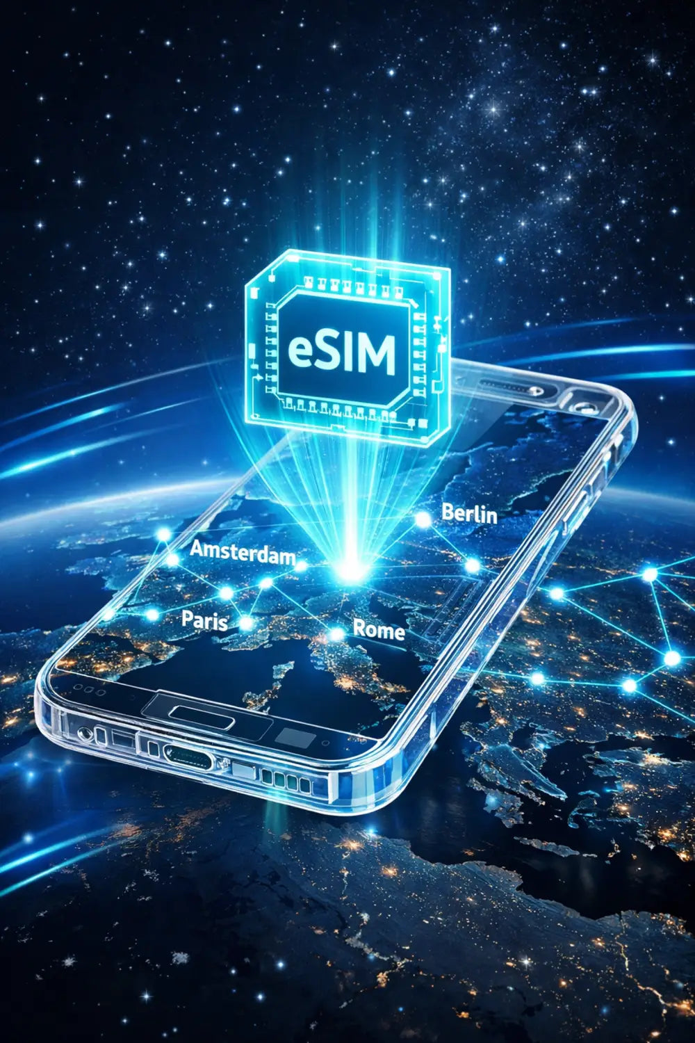 Transparent smartphone with glowing blue eSIM chip, cosmic backdrop for Europe travel.