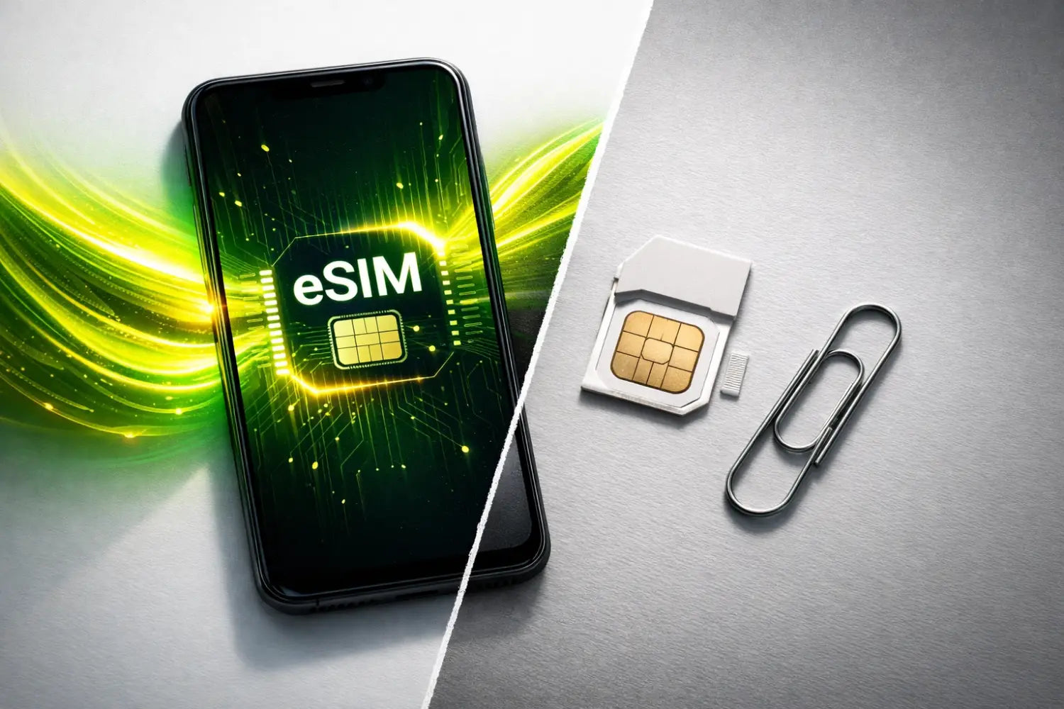 Black smartphone screen showing glowing green eSIM graphic in Physical SIM vs eSIM article