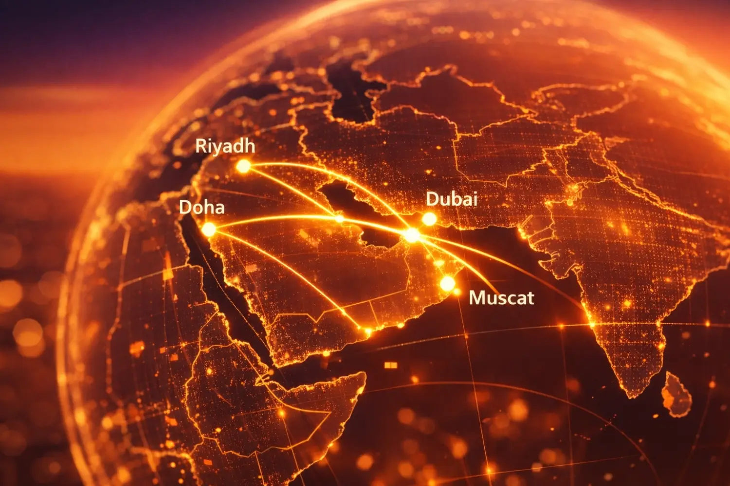 Glowing orange digital globe with flight paths linking Riyadh, Dubai, Doha, Muscat