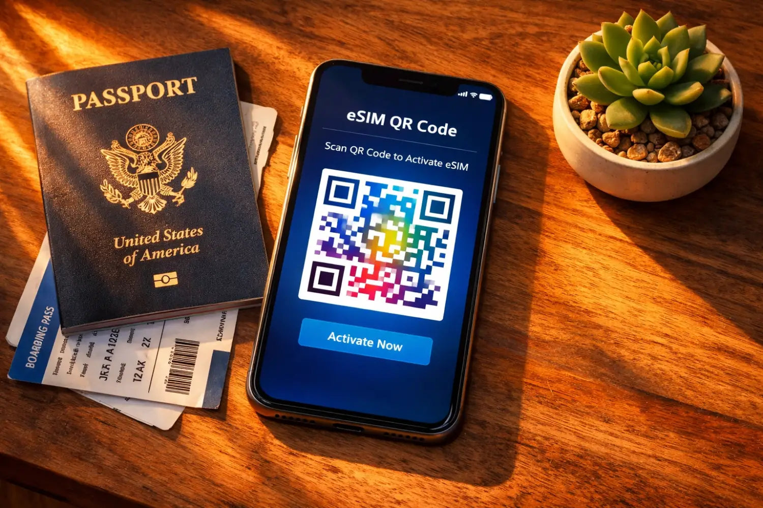 Black iPhone showing colorful eSIM QR code for USA data roaming activation