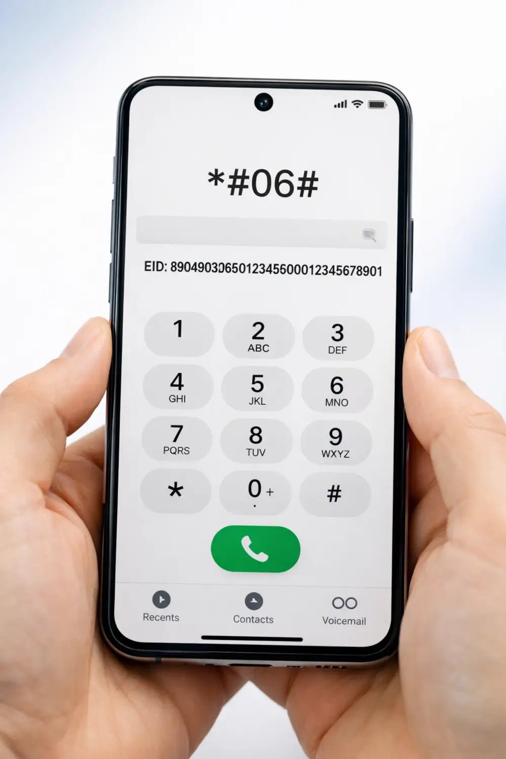 Black-framed smartphone showing *#06# dialer code and EID number for eSIM setup