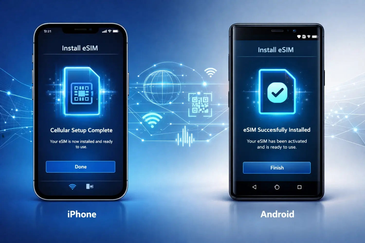 Black smartphones showing eSIM installation on iPhone and Android